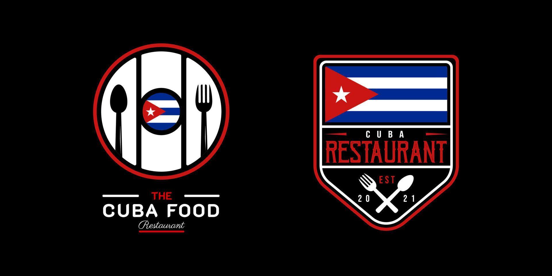 Cuba comida restaurante logo. Cuba bandera símbolo con cuchara, tenedor, y cuchillo iconos en azul, blanco, y rojo colores. prima y lujo vector ilustración