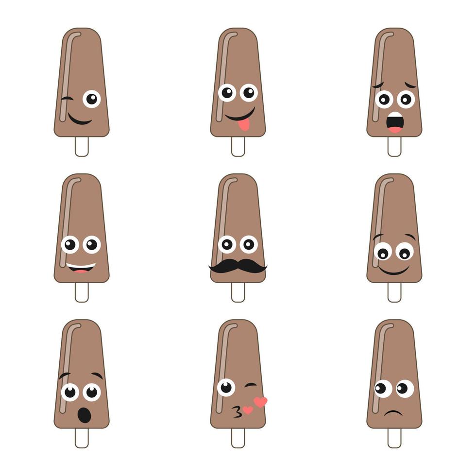 Set of nine chocolate ice cream with different emoji characters on white background. Vector illustration