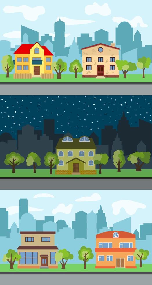 Set of three vector illustrations of city street with cartoon houses and trees. Summer urban landscape. Street view with cityscape on a background