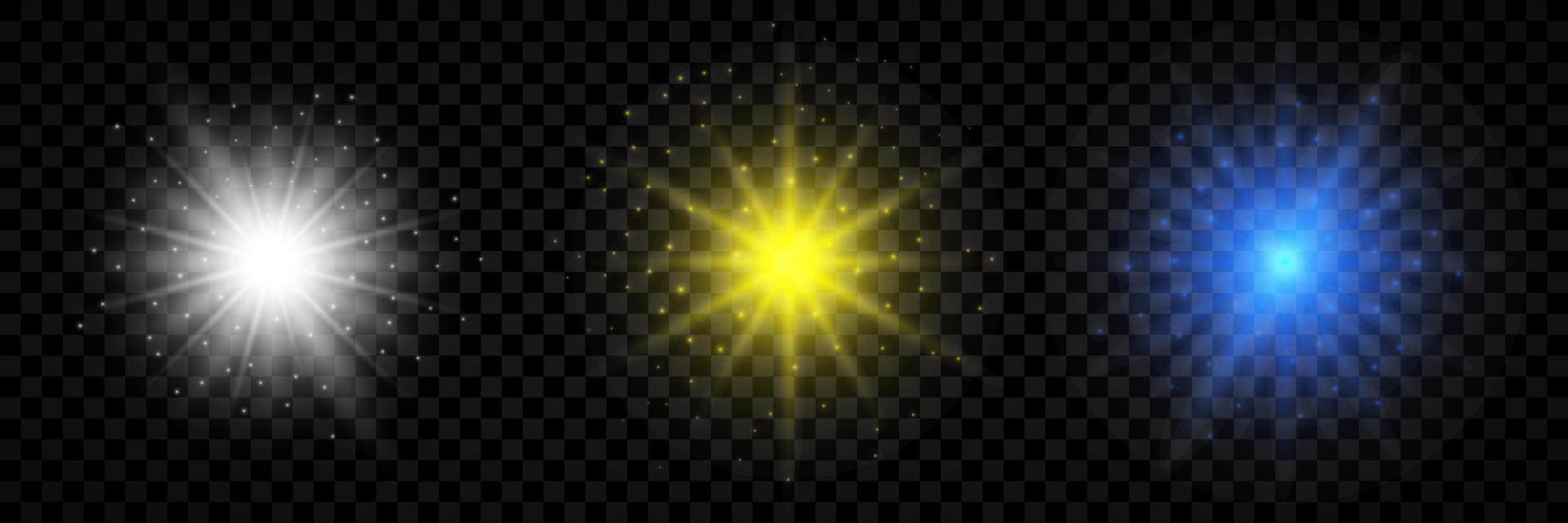 Light effect of lens flares. Set of three white, yellow and blue glowing lights starburst effects with sparkles vector