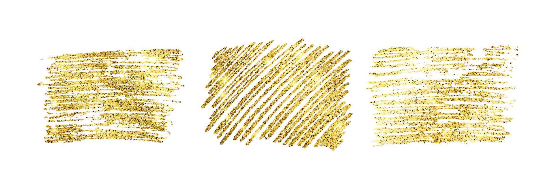 Set of three golden paint glittering backdrops on a white background. Background with gold sparkles and glitter effect. Empty space for your text. Vector illustration