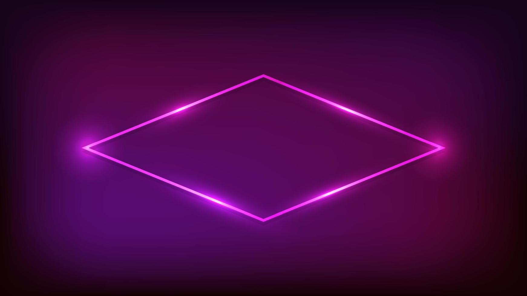 Neon rhomb frame with shining effects on dark background. Empty glowing techno backdrop. Vector illustration.