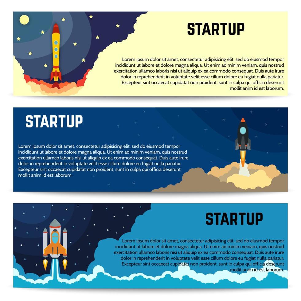 Startup rocket ship launch horizontal banners set. Vector illustration.