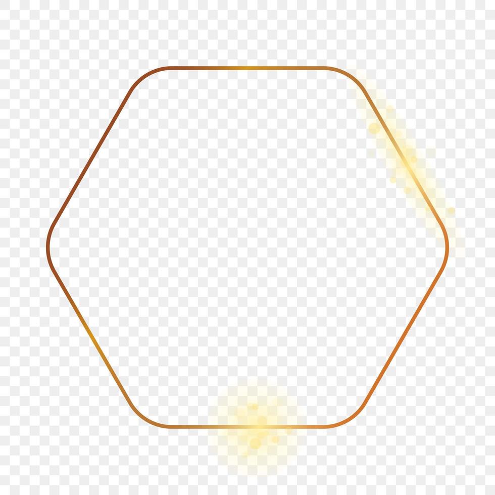 Gold glowing rounded hexagon frame isolated on background. Shiny frame with glowing effects. Vector illustration.