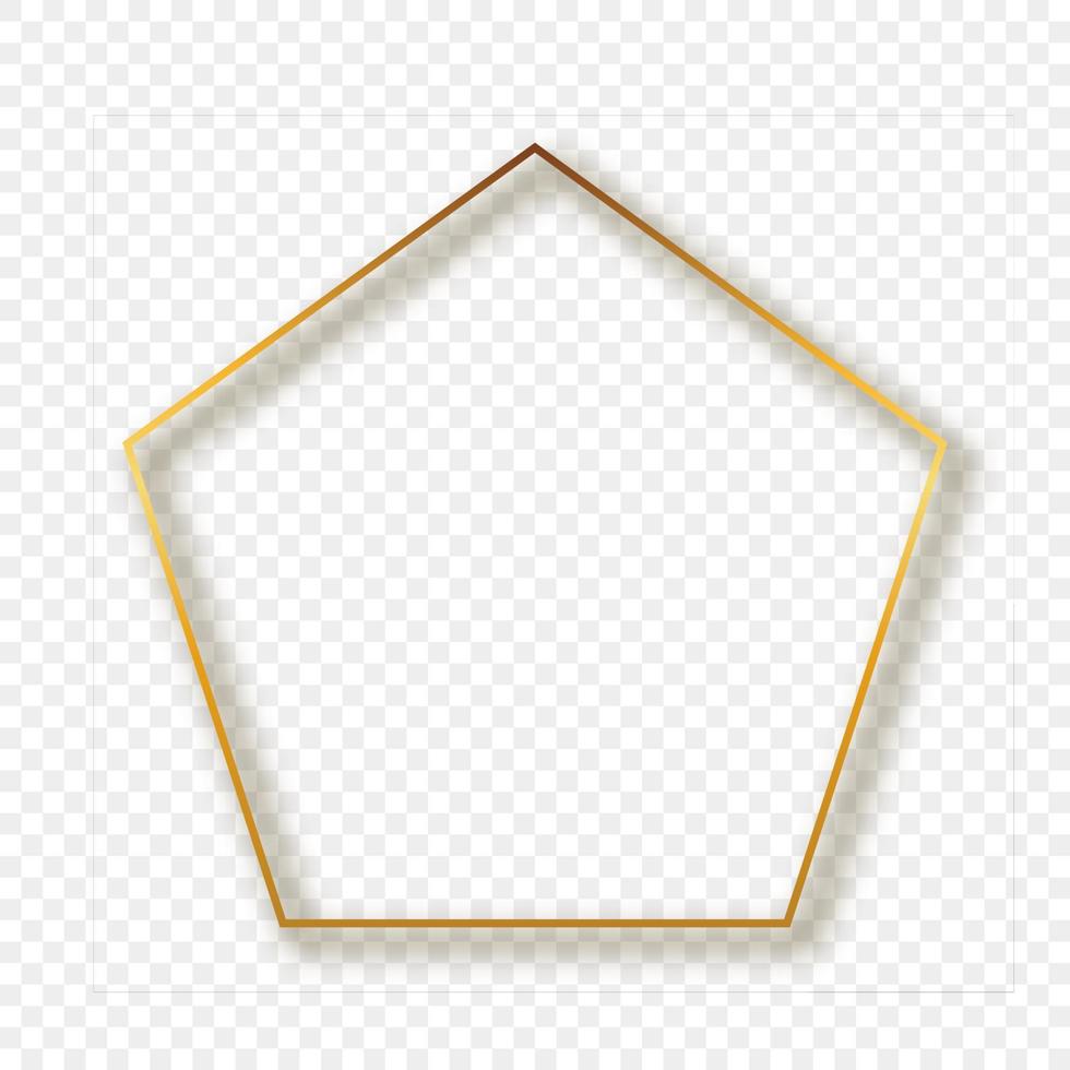 Gold glowing pentagon shape frame with shadow isolated on background. Shiny frame with glowing effects. Vector illustration.