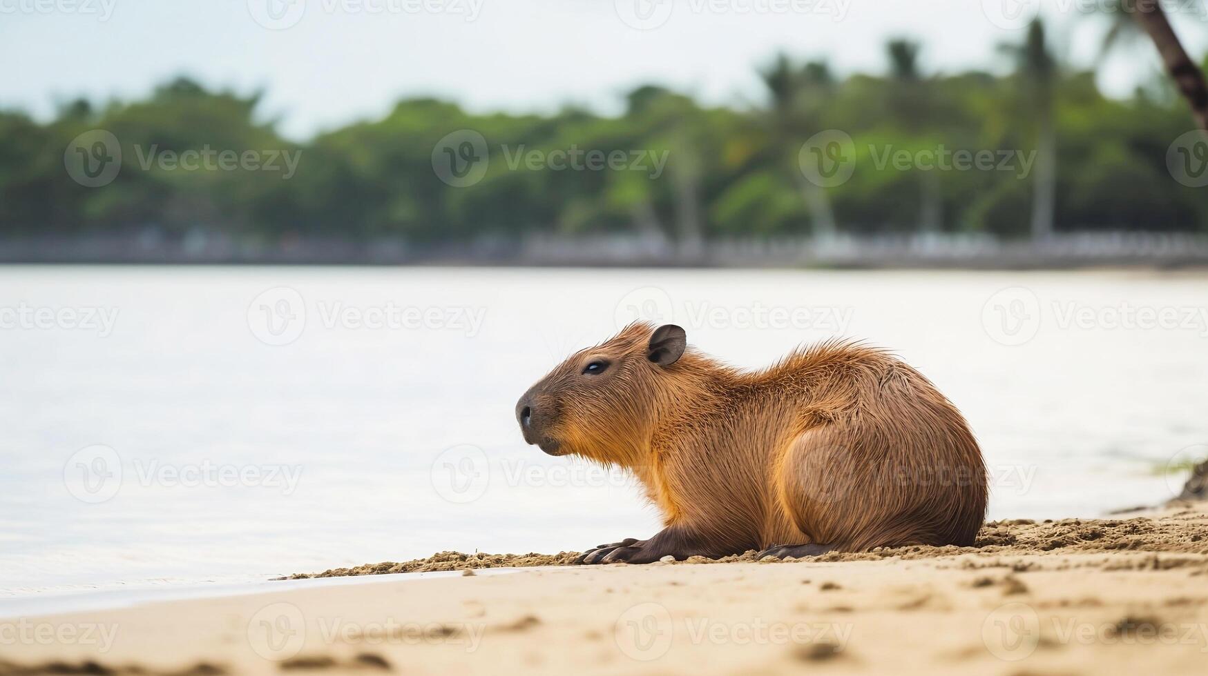 cute capybara resting on shore of sea or river animals theme Hydrochoerus hydrochaeris photo