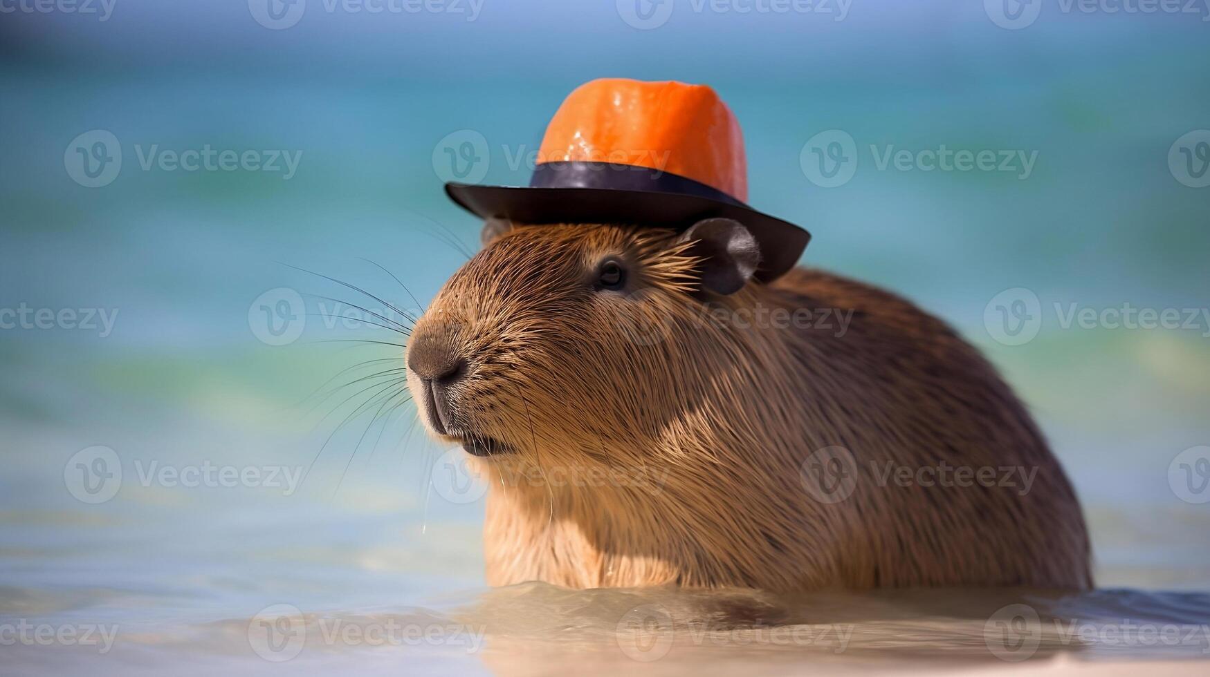 cute capybara in orange hat resting on shore of sea or river animals theme Hydrochoerus hydrochaeris photo