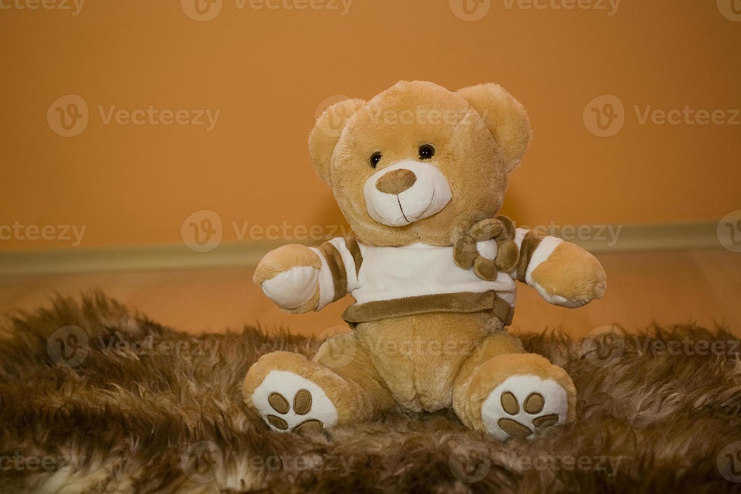 large brown teddy bear sitting on sheep's clothing on an orange background photo