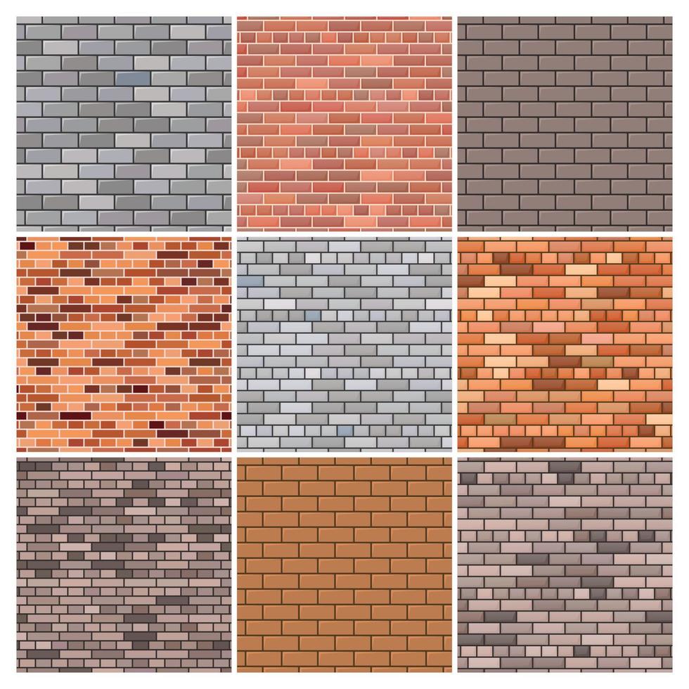 Brick wall. Set of nine red and grey brick wall backgrounds. Vector illustration