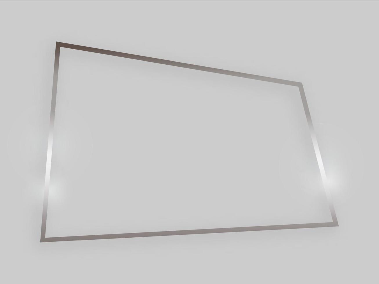 Shiny frame with glowing effects. Silver quadrangular frame with shadow on grey background. Vector illustration