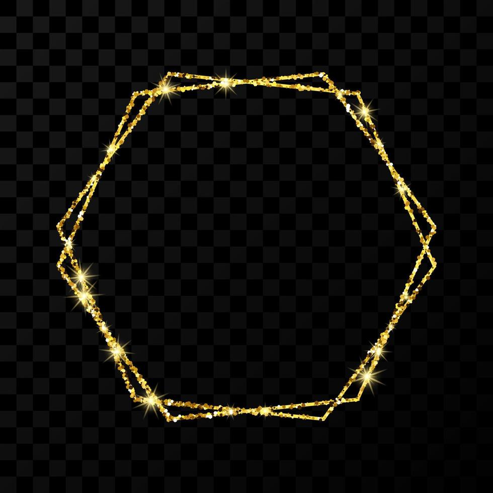 Gold double hexagon frame. Modern shiny frame with light effects isolated on dark background. Vector illustration.