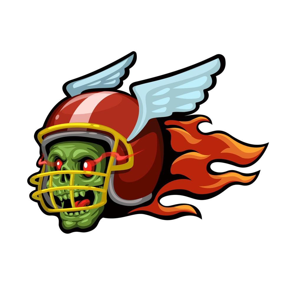 Zombie wear Rugby Helmet on Fire Sticker Mascot Cartoon illustration vector