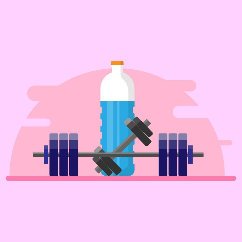 Vector flat style of dumbbell, bottle of water pink background, fitness gym lose weight exercise concept, copy space for individual text and design, artboard 4000x4000 pixel