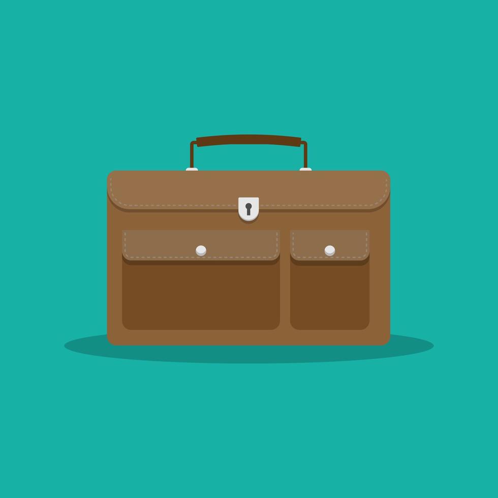 Vector flat design of brown business briefcase with shadow on the green background, document and career portfolio related concept, copy space for individual text, artboard 4000x4000 pixel