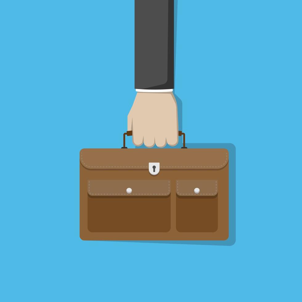 Vector flat design of hand holding brown briefcase on the blue background, business and career portfolio concept, copy space for individual text, 4000x4000 pixel of artboard