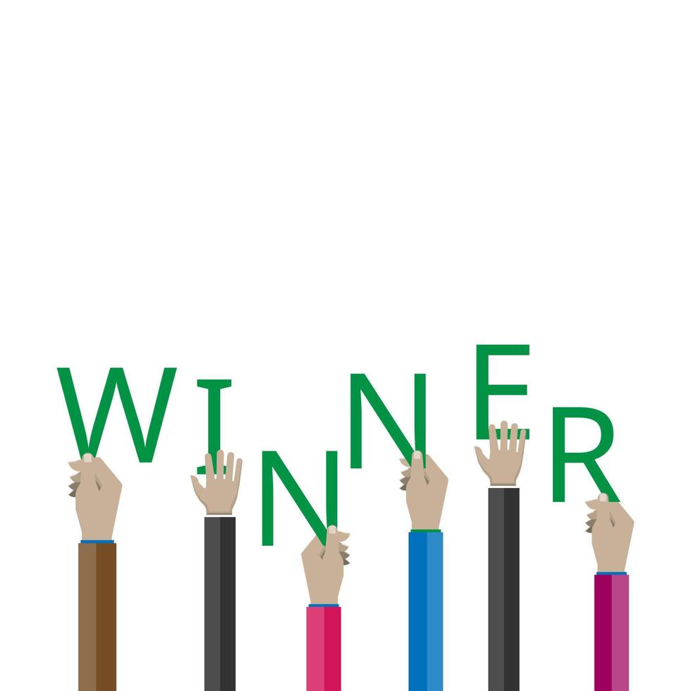 Vector flat style of five business hands raise green winner letter, the best championship prize or leadership of success business challenge, target and goal concept, editable element and shape