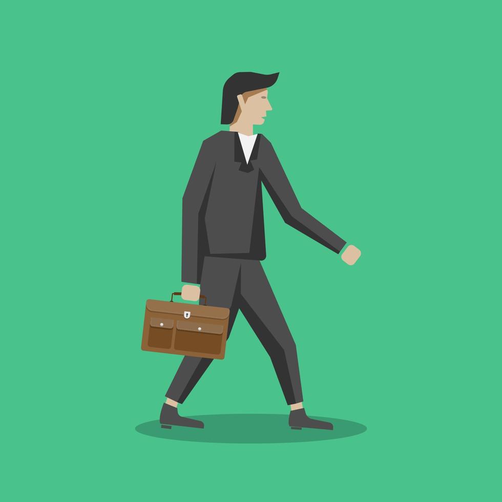 Simple vector flat design of business man wearing suit walking and holding briefcase on the green background, professional and career portfolio concept, copy space for individual text