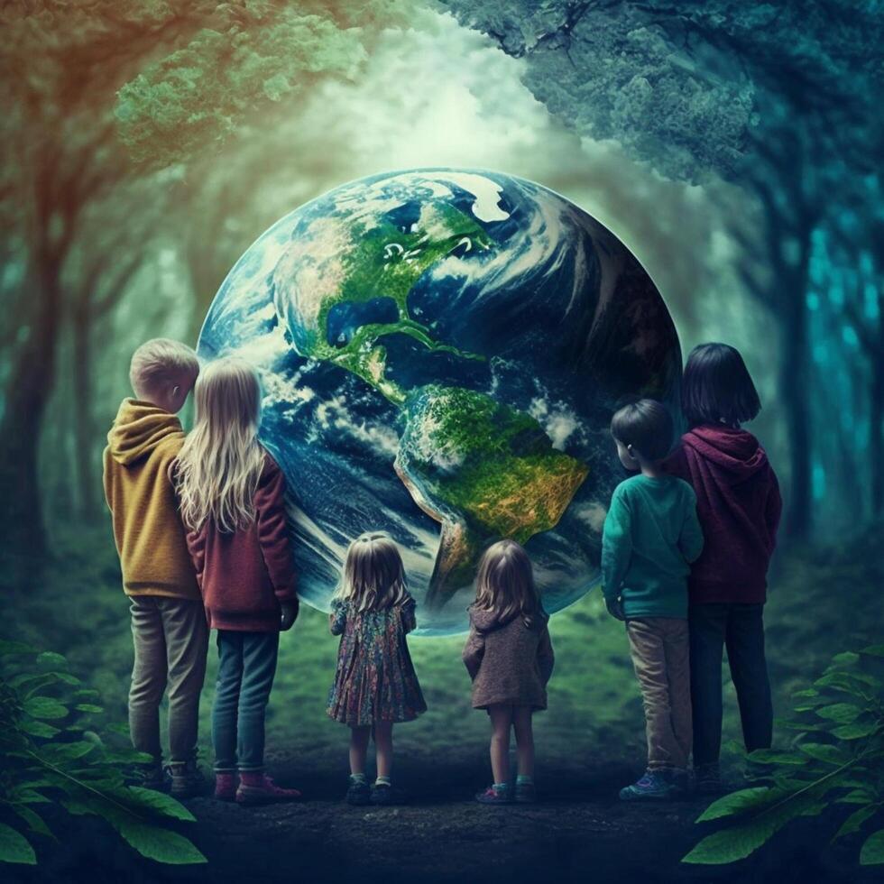 Save Earth Day Poster Environment Day Nature Green Glossy background Images tree and water photo