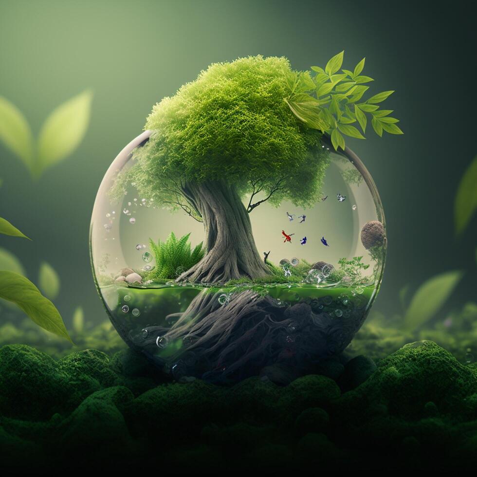 Save Earth Day Poster Environment Day Nature Green Glossy background Images tree and water photo