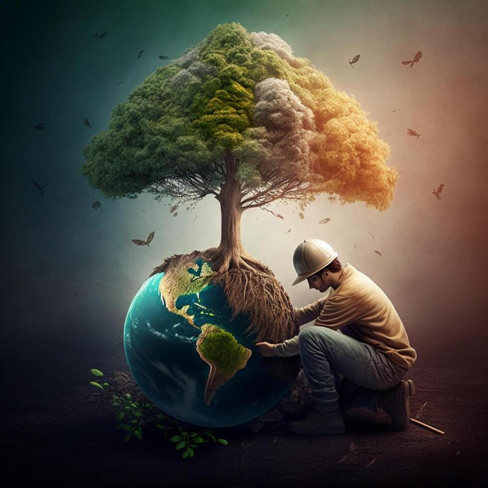 Save Earth Day Poster Environment Day Nature Green Glossy background Images tree and water photo