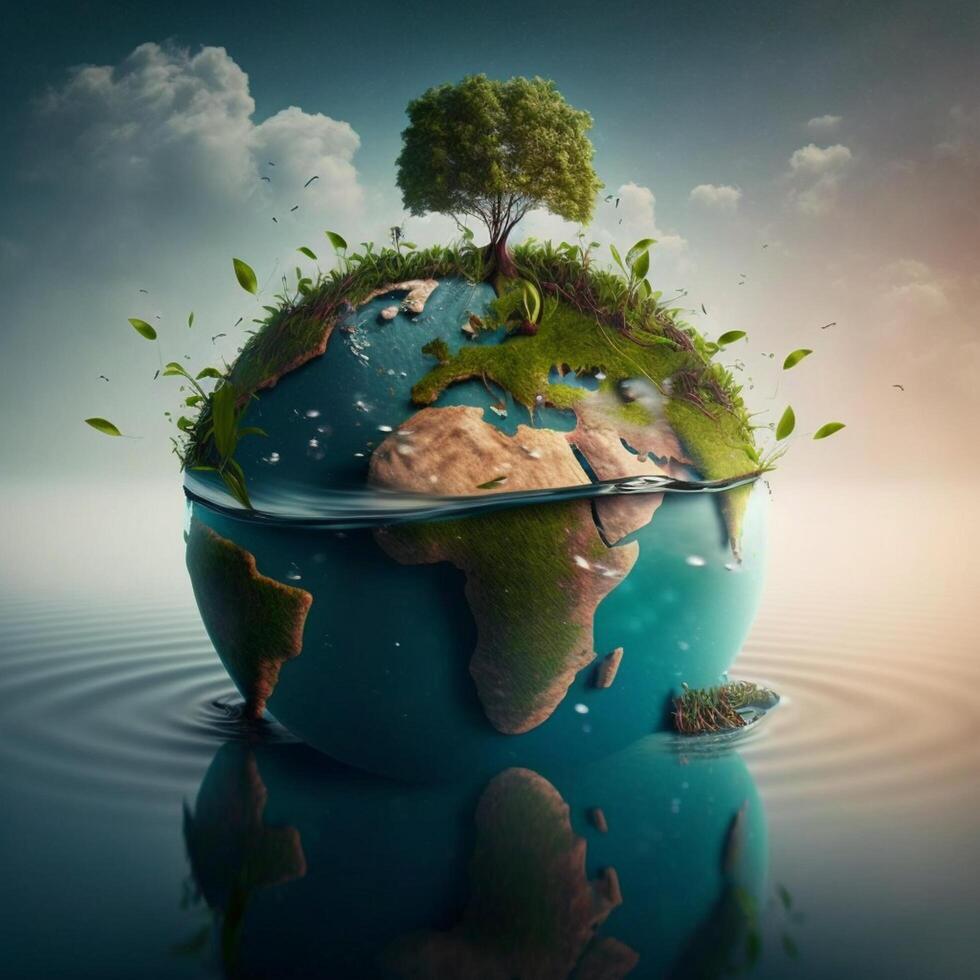 Save Earth Day Poster Environment Day Nature Green Glossy background Images tree and water photo