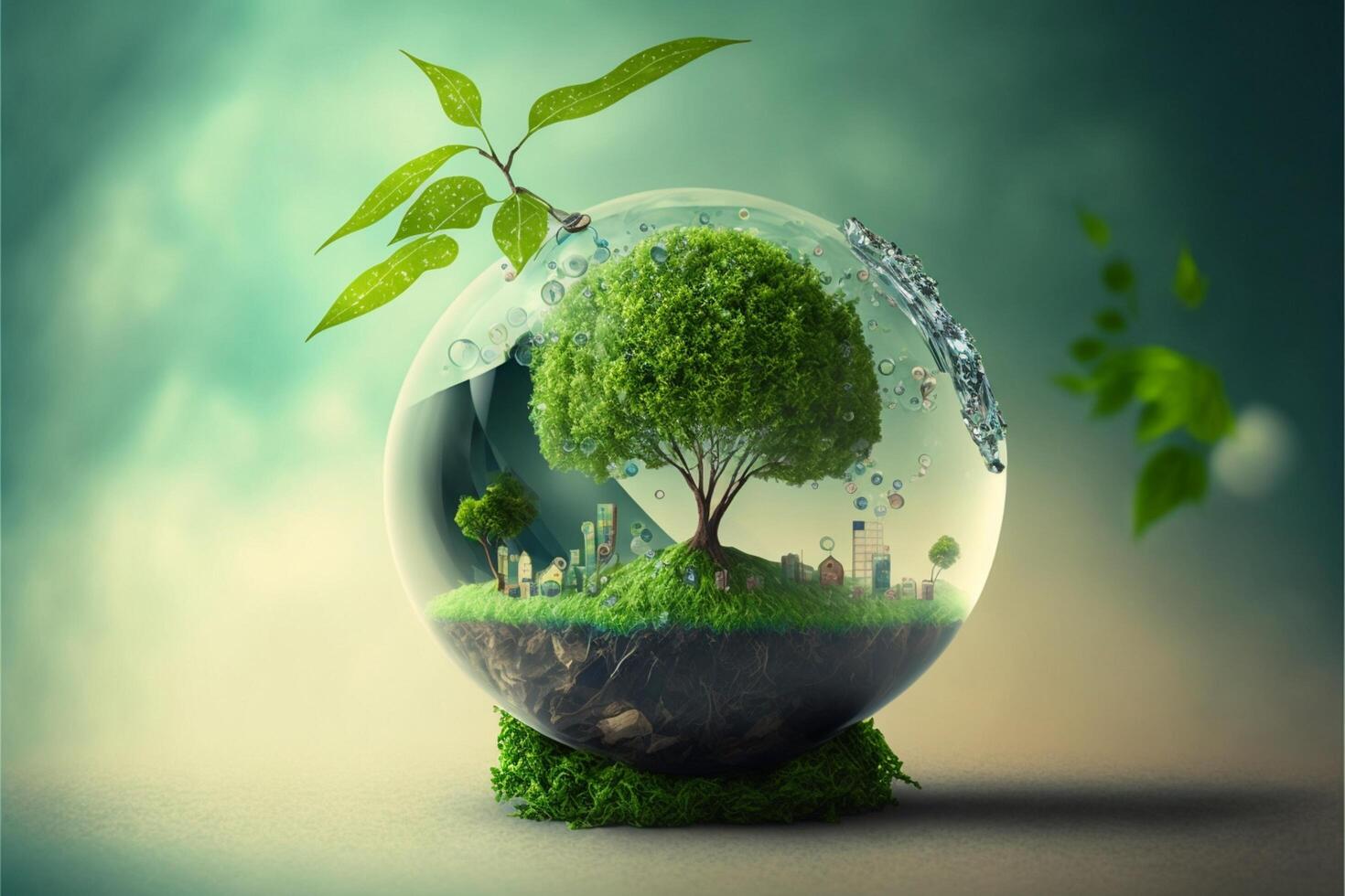 Save Earth Day Poster Environment Day Nature Green Glossy background Images tree and water photo