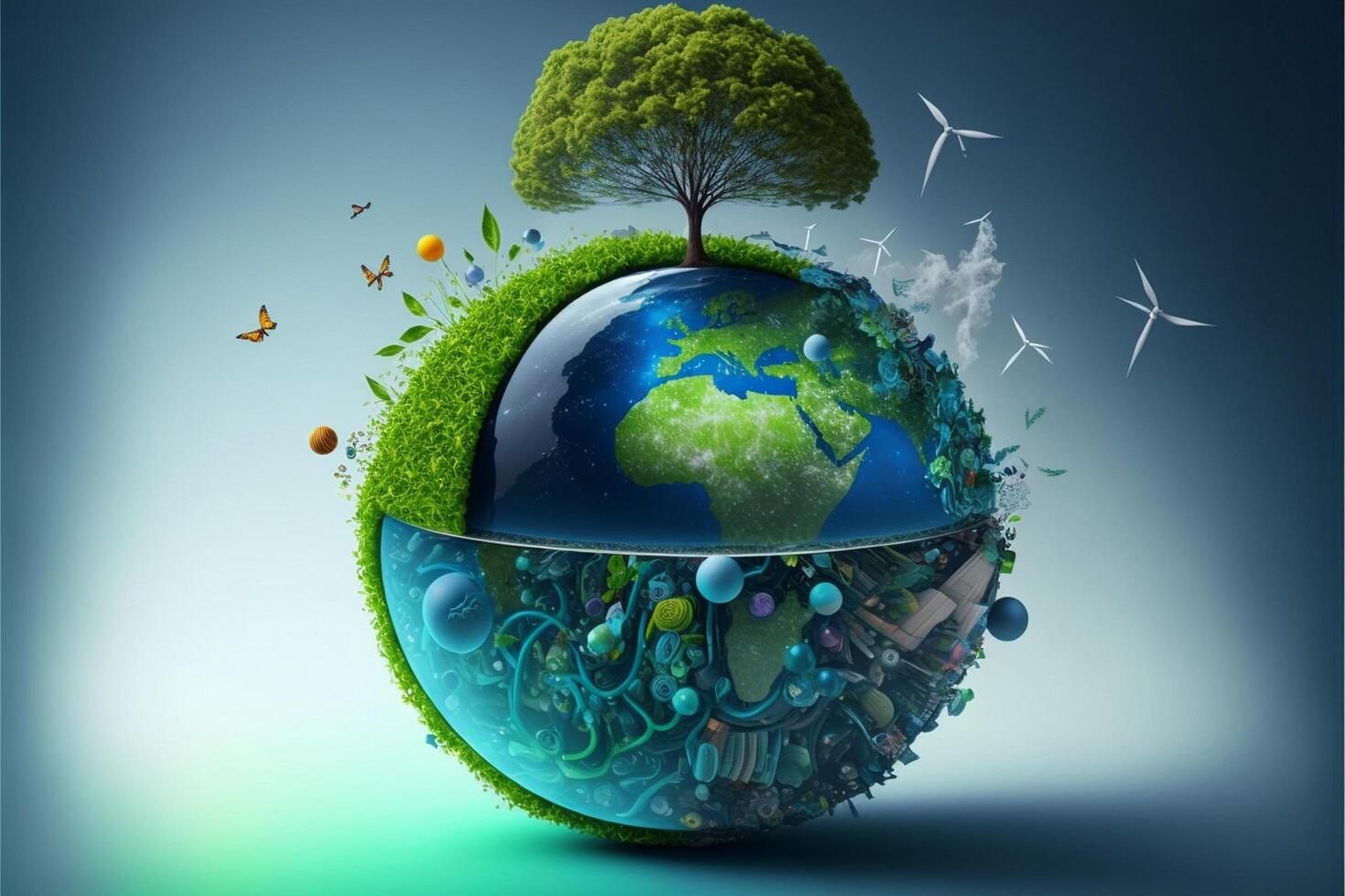 Save Earth Day Poster Environment Day Nature Green Glossy background Images tree and water photo
