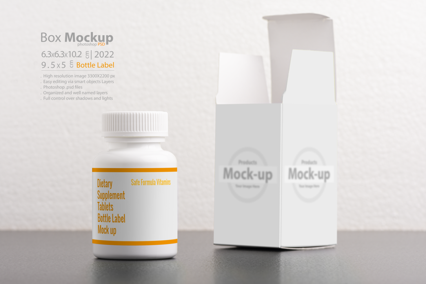 Pillbox dietary supplement bottle with package on background psd