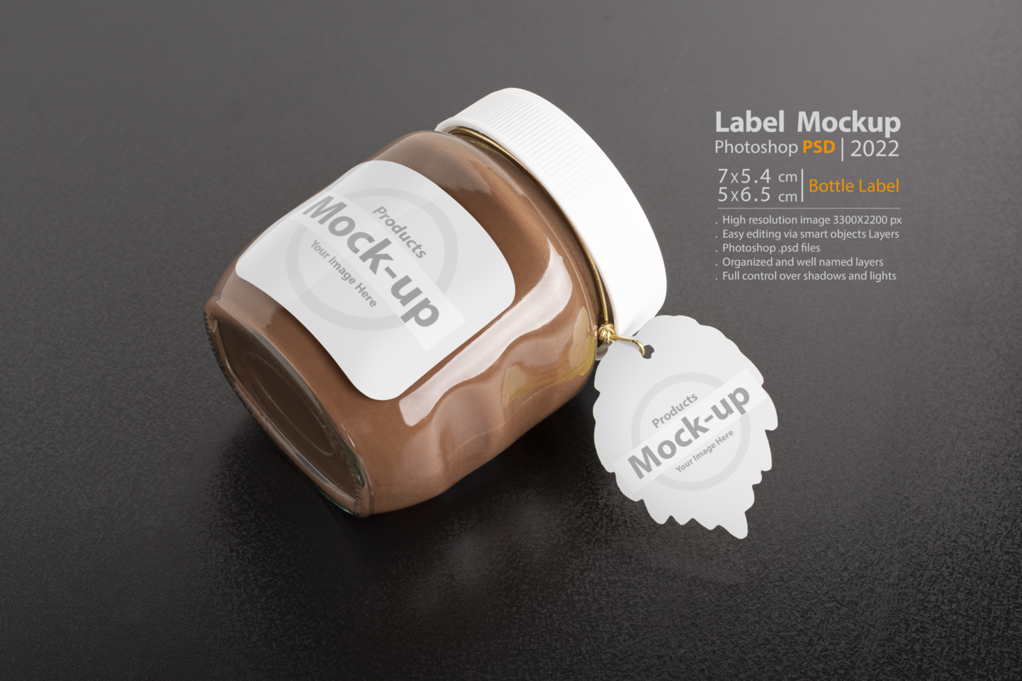 Hazelnut spread chocolate jar with leaf label on black table psd