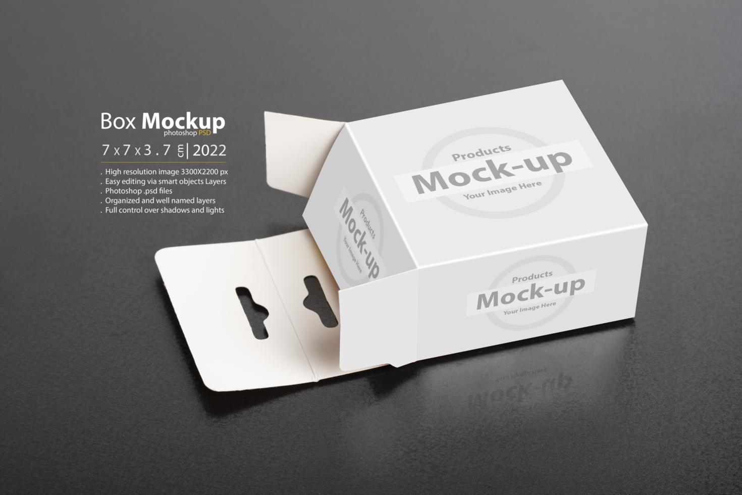Opened white box with hanger on dark ground psd