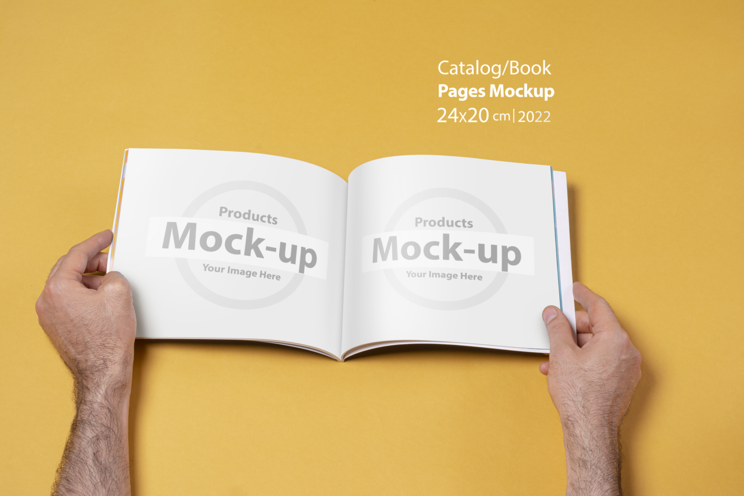 Male hands holding an opened book-catalog with blank pages on yellow background psd