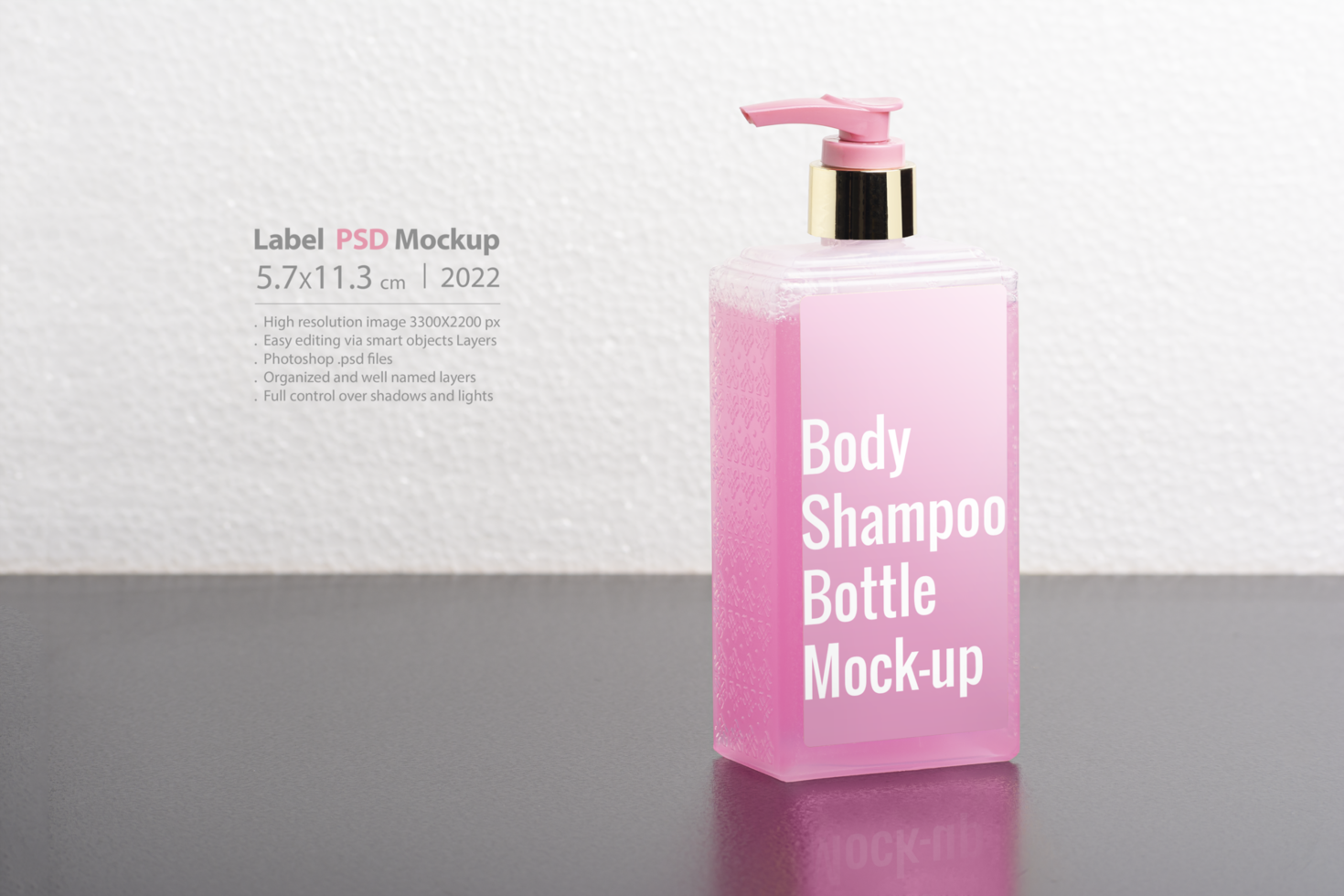 Pink body shampoo bottle in front of  light gray background psd