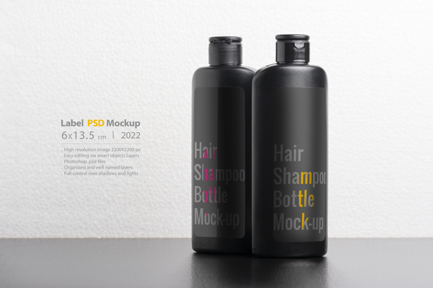 Black hair shampoo bottles in front of  light gray background psd