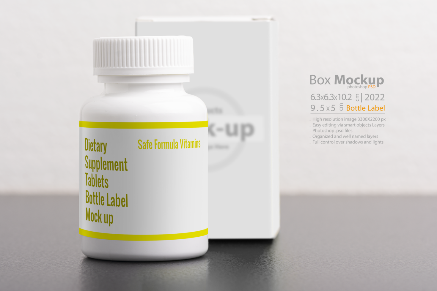Pillbox dietary supplement bottle with package on background psd