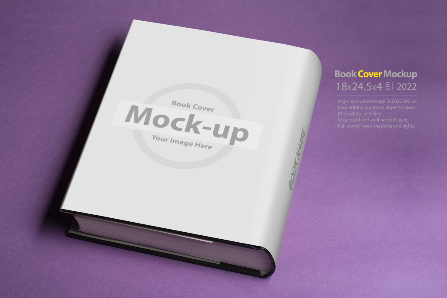 Thick book with blank cover on purple background psd