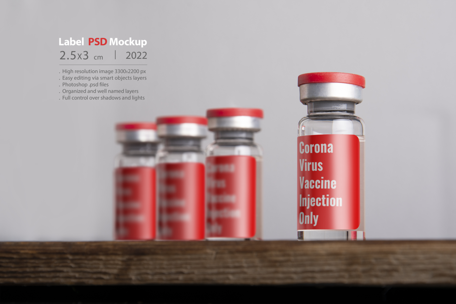 Medical vials for injection isolated on gray background psd