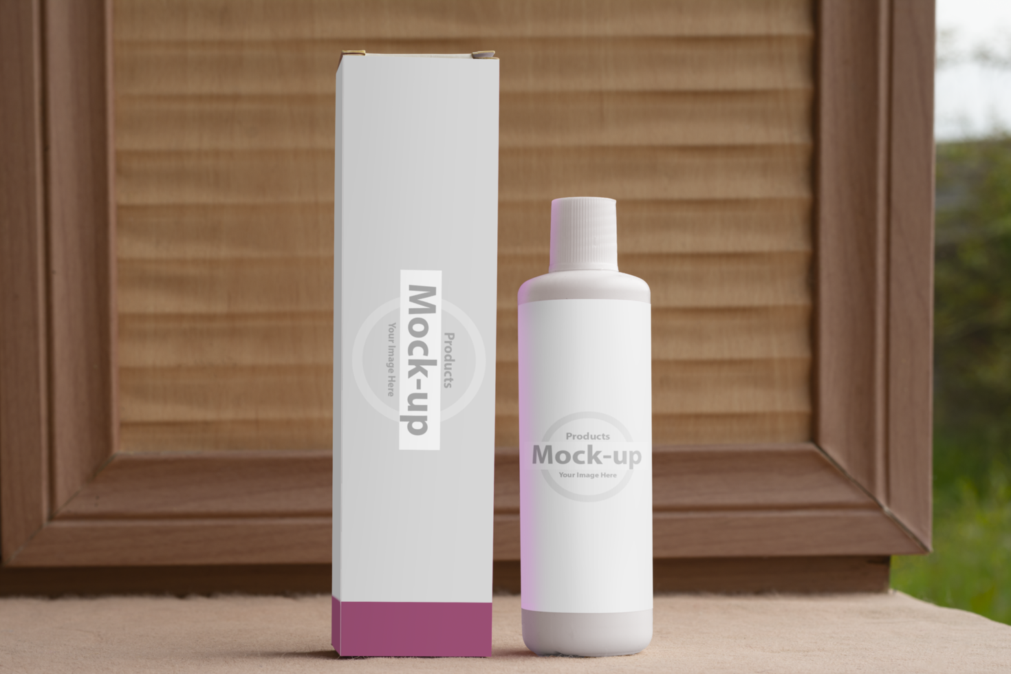 Hair care material package with bootle in front of wooden shelf psd