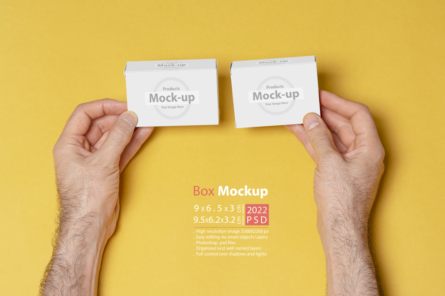 A man hands comparing two pillboxes in front of yellow background psd