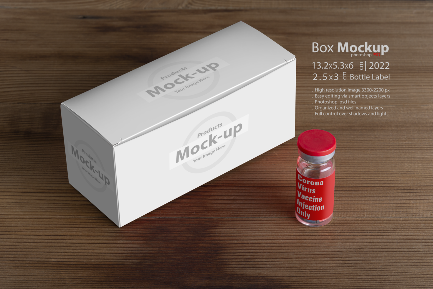 Vials box with a vial at front on wooden board psd