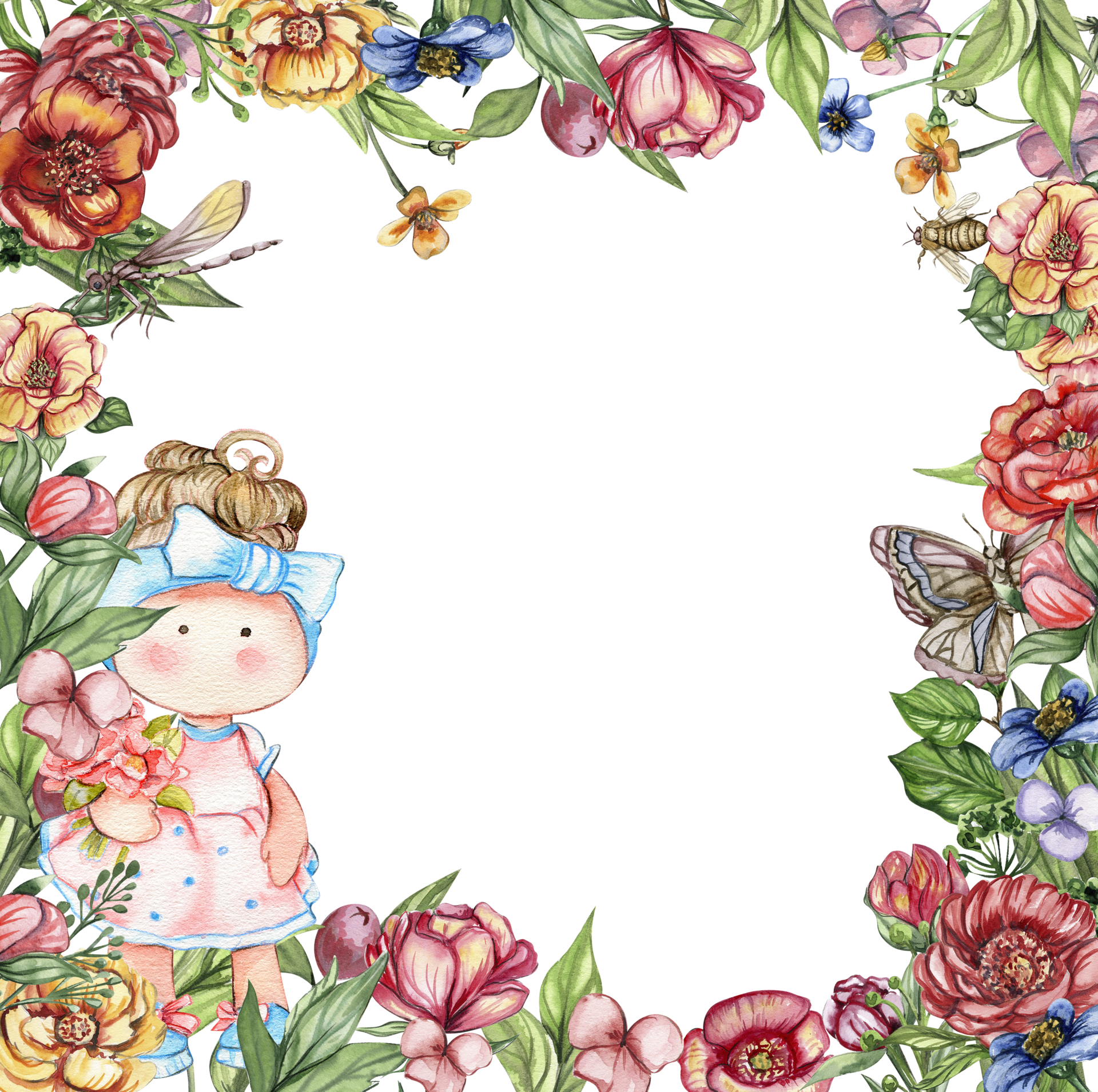 Watercolor square flower frame in cartoon style with a cute girl doll in a  dress. Cartoon hand drawn background with flower princess and yellow flowers  for kids design. Perfect for wedding invitation.