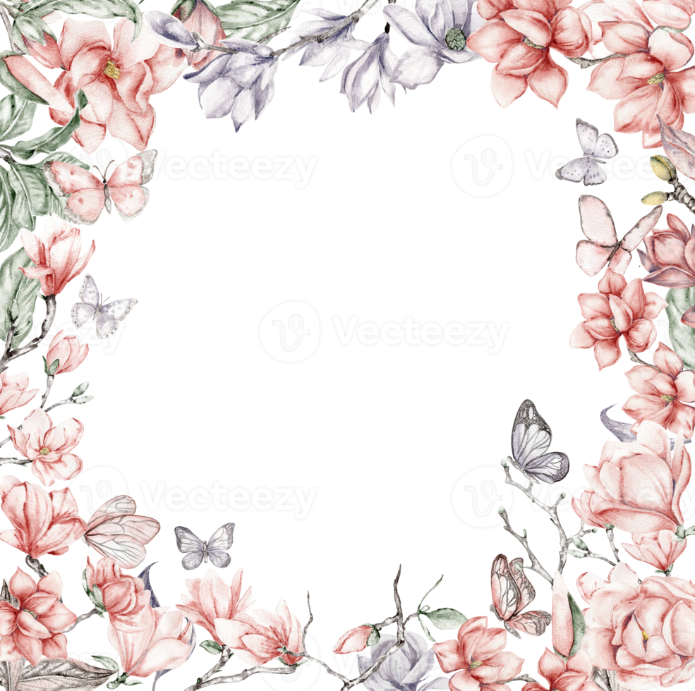 waterverf hand- getrokken voorjaar tuin vol van bloemen plein kader. waterverf illustratie voor scrapbooken. tekenfilm hand- getrokken achtergrond met bloem voor kinderen ontwerp. perfect voor bruiloft uitnodiging. png