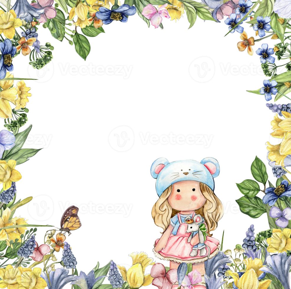 Watercolor square flower frame in cartoon style with a cute girl doll in a dress. Cartoon hand drawn background with flower princess and yellow flowers for kids design. Perfect for wedding invitation. png