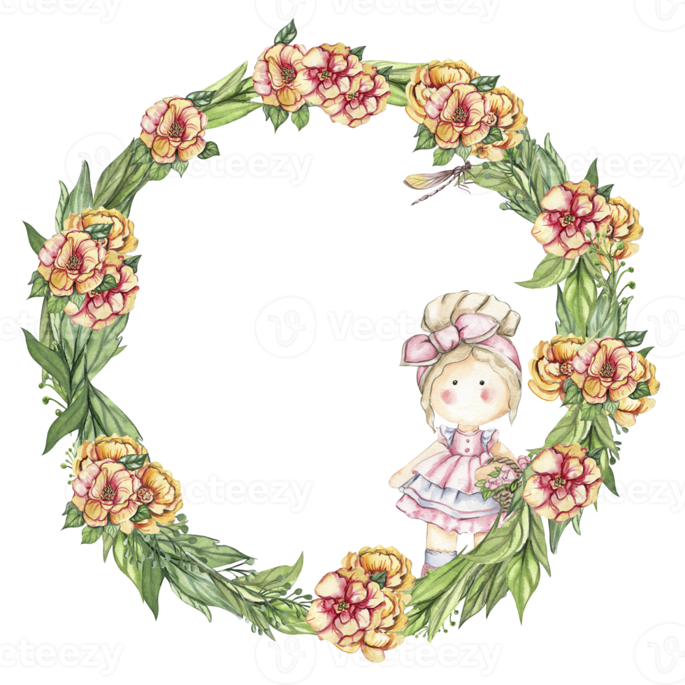 Spring flowers wreath with a cute Tilda doll, watercolor illustration for cards, backgrounds, scrapbooking. Cartoon hand drawn background with flower for kids design. Perfect for wedding invitation. png