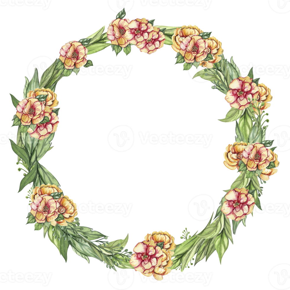 Spring flowers wreath,watercolor illustration for cards,backgrounds. Watercolor illustration for scrapbooking. Cartoon hand drawn background with flower for kids design.Perfect for wedding invitation. png
