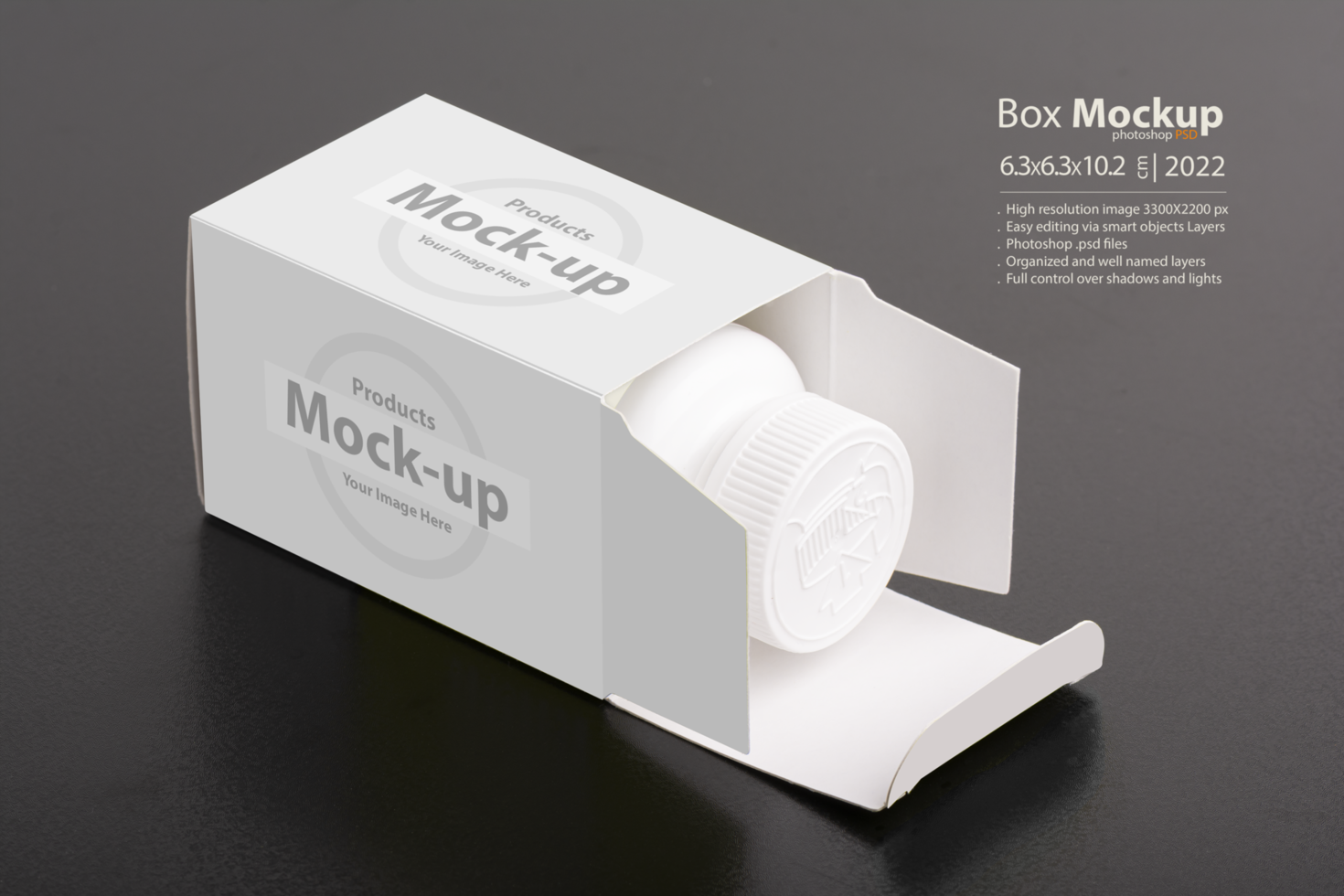 Pillbox dietary supplement package with inside bottle on background psd