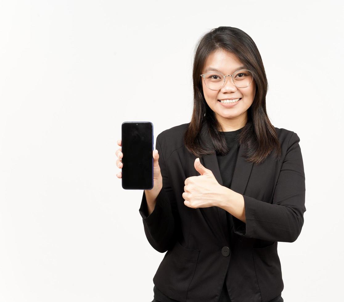 Showing Apps or Ads On Blank Screen Smartphone Of Beautiful Asian Woman Wearing Black Blazer photo