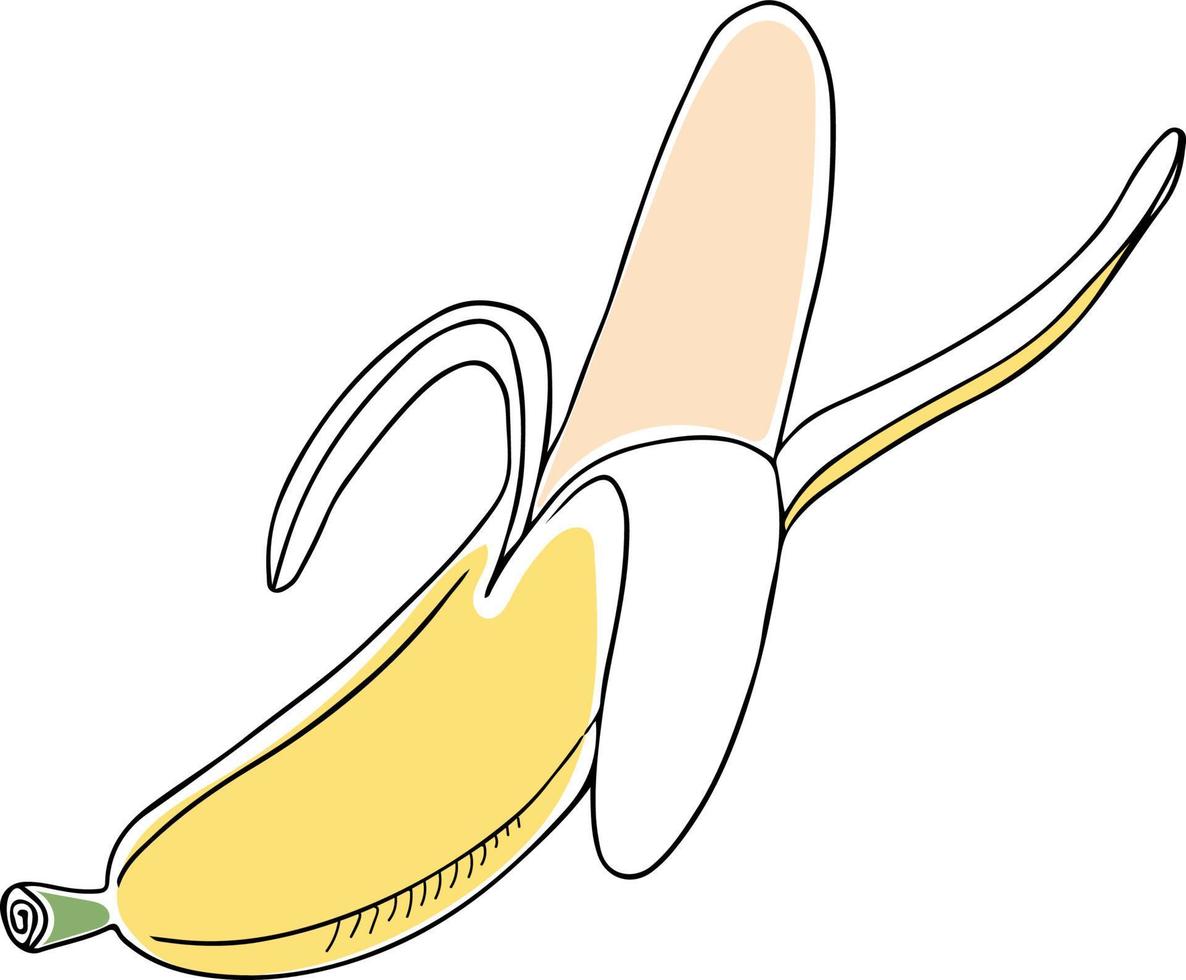 Lineart style vector single banana half peeled black outline on white background isolated