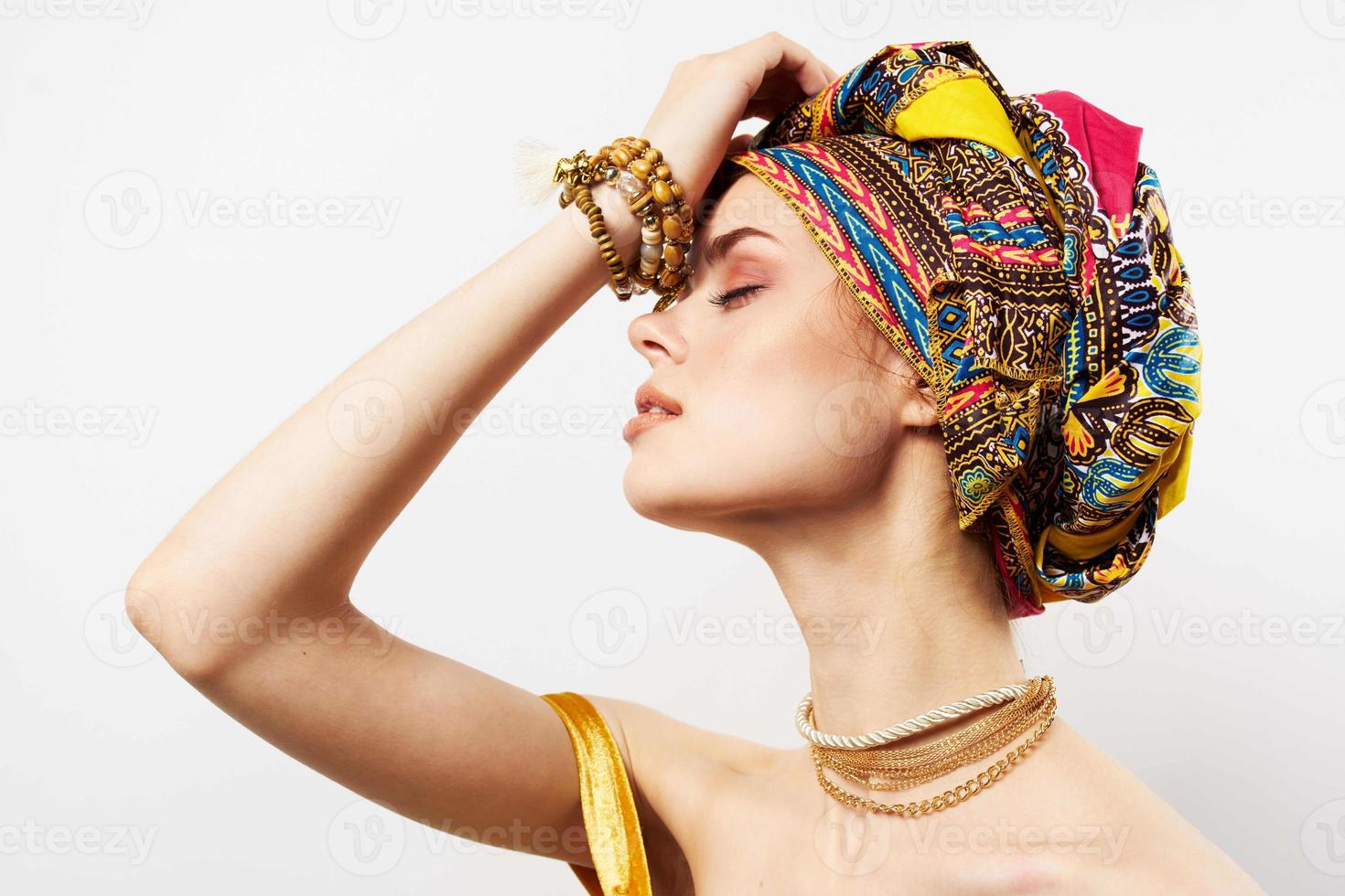 pretty woman multicolored turban fashion ethnicity photo