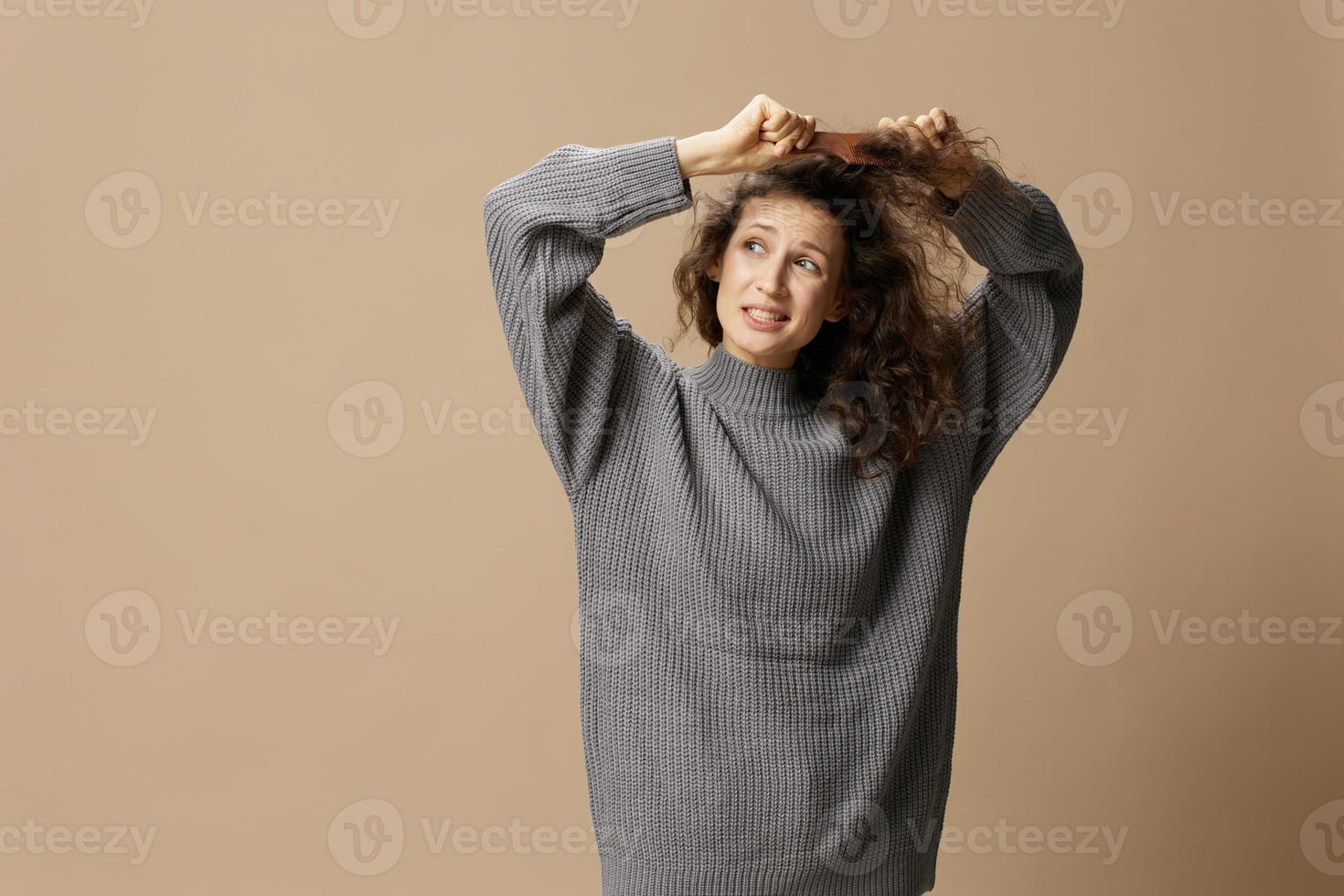 Problematic unruly damaged hair concept. Confused curly beautiful woman in gray casual sweater with hairbrush comb pulls tangled hair up posing isolated on over beige pastel background. Copy space photo