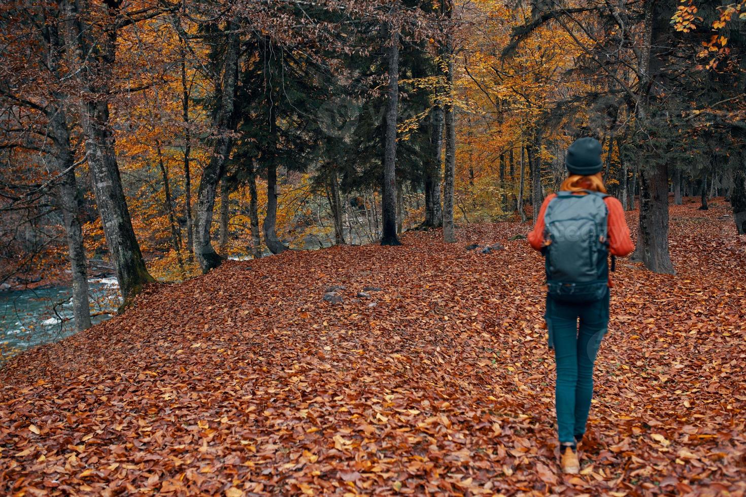 mujer turista con un mochila caminando en el parque con caído hojas en otoño en naturaleza foto